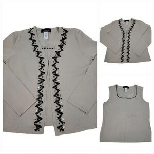 Vintage Jones New York 2 PC Beaded Sweater Cardigan Twinset in Gray Size Small
